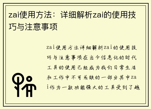 zai使用方法：详细解析zai的使用技巧与注意事项